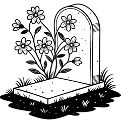 Floral Tombstone Design Adorned with Blossoms for Tattoo or Coloring Book Inspiration