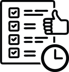 Checklist with Checkmarks, Thumbs Up, and Clock Icon in Outline Style isolated