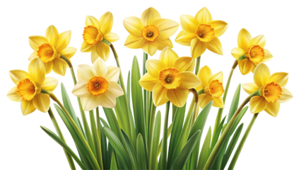 Beautiful Yellow Daffodils with Orange Centers and Green Leaves on Trensprent Background png