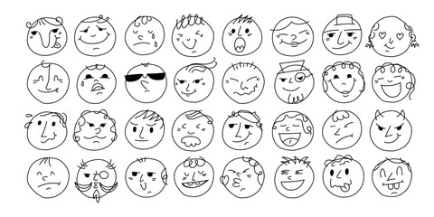 Fototapeta premium Emojis faces icon in hand drawn style. Doddle emoticons vector illustration on isolated background. Happy and sad face sign business concept.