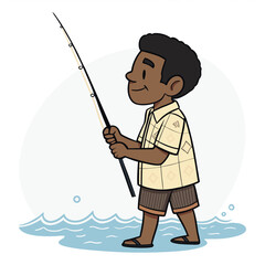 Obraz premium Joyful Young Boy Fishing at the Shoreline in Tropical Waters with Fishing Rod