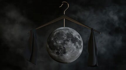 A metallic hanger holds the moon, draped in dark fabric.