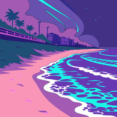 Naklejka premium A futuristic beach with neon waves crashing on the shore