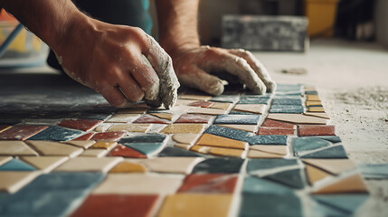Obraz premium Tiler placing intricate mosaics on a bathroom floor. Featuring tiling and bathroom renovation