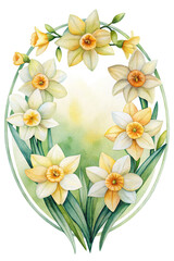 Watercolor Daffodils in Oval Frame A Beautiful Botanical Illustration for Spring