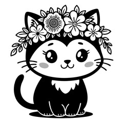 Cute Cat with Flower Crown Adorable Illustration for Kids Coloring Books and Crafts
