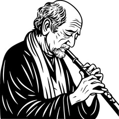Elderly Man Playing Flute Vintage Black and White Illustration Perfect for Tattoo Design