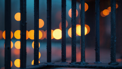 Metal bars framing bokeh effect of city lights at dusk