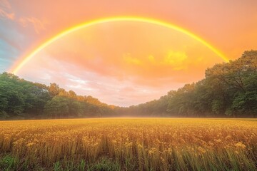 Naklejka premium Panoramic rainbow arching over lush green and yellow fields, showcasing a stunning natural landscape under bright skies.