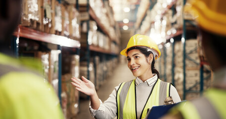Logistics, woman and team meeting with clipboard for warehouse training, service delivery and stock...