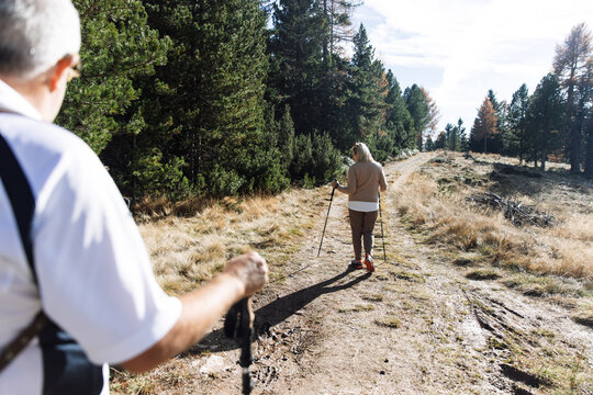 Elderly couple hiking forest trail in South Tyrol, Dolomites