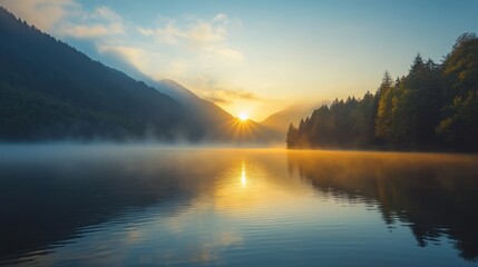 Fototapeta premium Beautiful sunrise illuminating lake waters surrounded by forested mountain slopes