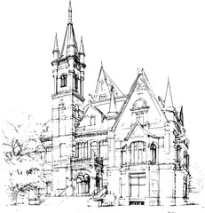 Fototapeta premium Blueprint design of University, University line art illustration art