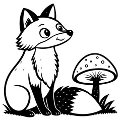 Cute Playful Fox Sitting Beside a Mushroom Ideal for Coloring Books and Tattoo Designs