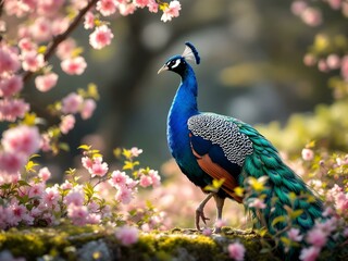 Obraz premium Beautiful peacock in cherry blossom flower garden of fairy table
