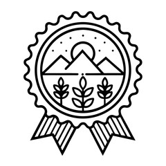 Mountain Landscape Badge Design Featuring Sun and Wheat for Branding and Tattoo Art
