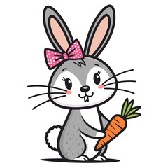 Fototapeta premium Cute Cartoon Rabbit with Carrot and Pink Bow Perfect for Children's Illustrations and Crafts