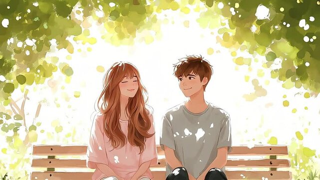 Animated couple sits together in a park on a sunny day smiling. Anime style