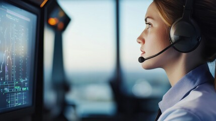 Air traffic controller monitoring flight schedules in a control tower. Featuring precision and aviation safety
