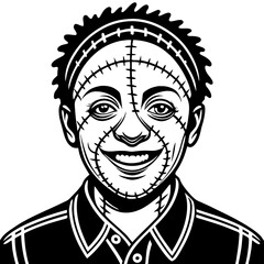 Obraz premium Smiling Character with Stitched Face Design for Tattoo and Coloring Book Applications