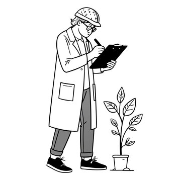 scientist observing plant, black and white clip art preview