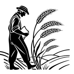 Farmer Inspecting Wheat Field in Vintage Style Vector Illustration for Agriculture Projects