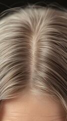 Close-up of a woman's scalp with noticeable hair thinning, sparse hair density and signs of hair loss, visible scalp through thin hair.