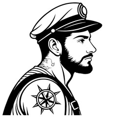 Detailed Vector Illustration of a Bearded Sailor in a Captain's Hat with Nautical Tattoo Design