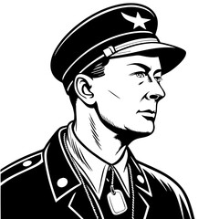 Obraz premium Vintage Military Officer Portrait in Black and White Stylish Illustration