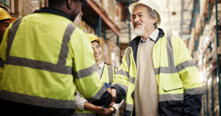 Men, handshake and happy at warehouse, distribution or together with team for retirement,...