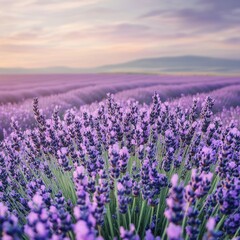 Obraz premium A picturesque field of lavender flowers at the gentle sunrise