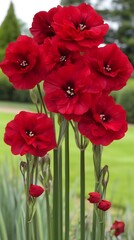 Obraz premium Stunning Red Flowers Blooming in Garden Lush Green Background