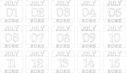 July calendar 2025 line art icon set .Agenda plan, july month schedule calendar and Time planner.Meeting appointment time.Calendar Event schedule date.calendar date icon on white background.