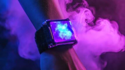 Futuristic wristwatch, illuminated by vibrant lights, enveloped in smoky haze.