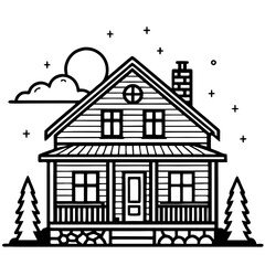 Fototapeta premium Charming Cozy House Surrounded by Pine Trees under a Starry Sky Ideal for Coloring and Crafts