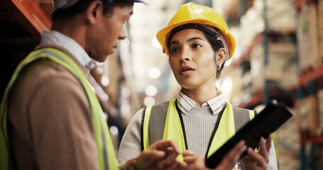 Warehouse, logistics and business people with tablet for discussion, stock management and inspection. Teamwork, employees and supervisor with tech for supply chain, online checklist and distribution