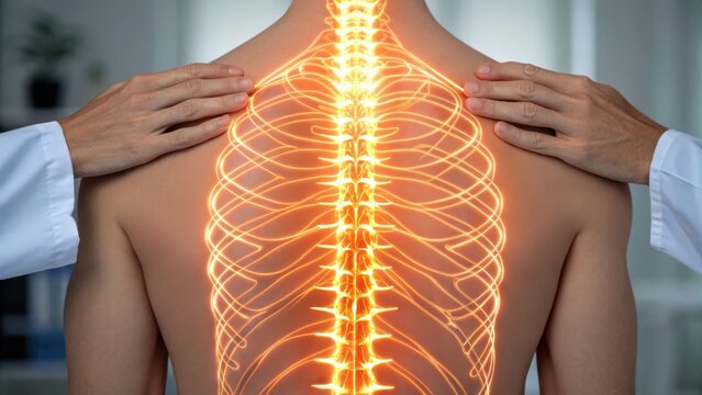 chiropractor concept A person receiving spinal treatment with glowing nerves depicted on their back.