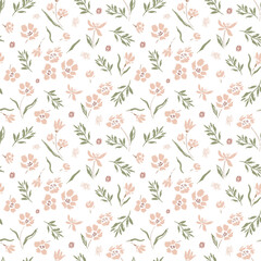 Lovely vector seamless pattern with tiny pink flowers on white background. Hand-drawn in doodle style. Textile, background, packaging.
