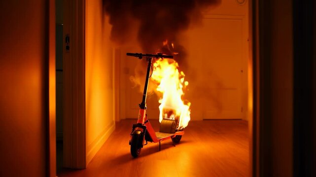 Electric scooter bursts into flames in hallway causing emergency situation