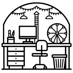 Fototapeta premium Cozy Home Office Workspace Design with Computer Desk Chair Stationery and Decorative Wheel