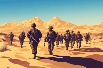 Soldiers marching across a desert landscape towards mountains under a clear sky