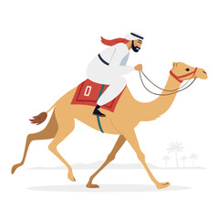 Camel Racing Rider in Traditional Arab Attire Dynamic Desert Scene Vector Illustration