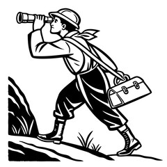 Fototapeta premium Adventurous Explorer Climbing Mountain with Telescope and Satchel for Travel Design