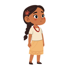 Cute cartoon girl character in traditional attire with braid and flower for children's illustrations