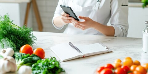Caucasian man chef working in the white kitchen and using smartphone. Searching for recipe. Chef in a white uniform using technologies during cooking food. Phone call. Cook making an online order
