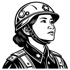 Naklejka premium Female Soldier Portrait in Uniform Seated in Profile with Determined Expression