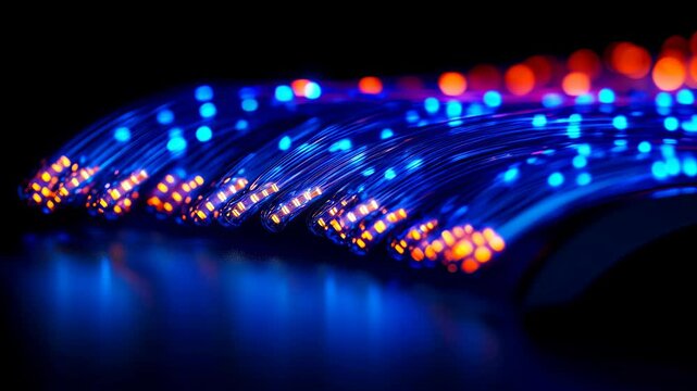 A series of blue and orange fiber optic lights are displayed in a row. The lights are arranged in a way that they appear to be moving or pulsating. Scene is energetic and dynamic