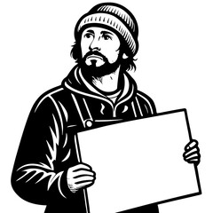 Obraz premium Man Holding Blank Sign in Casual Attire Ideal for Poster Design and Illustrations