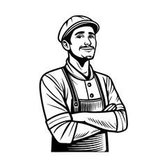 Obraz premium Confident Smiling Male Chef with Apron and Cap in Vintage Style Illustration for Culinary Themes