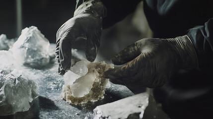 Laborer preparing a lithium ore sample for analysis at a mining lab. Featuring ore preparation
